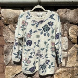 Express Tricot Hand Knitted Floral Sweater Silk Angora XS Oversized 90s
